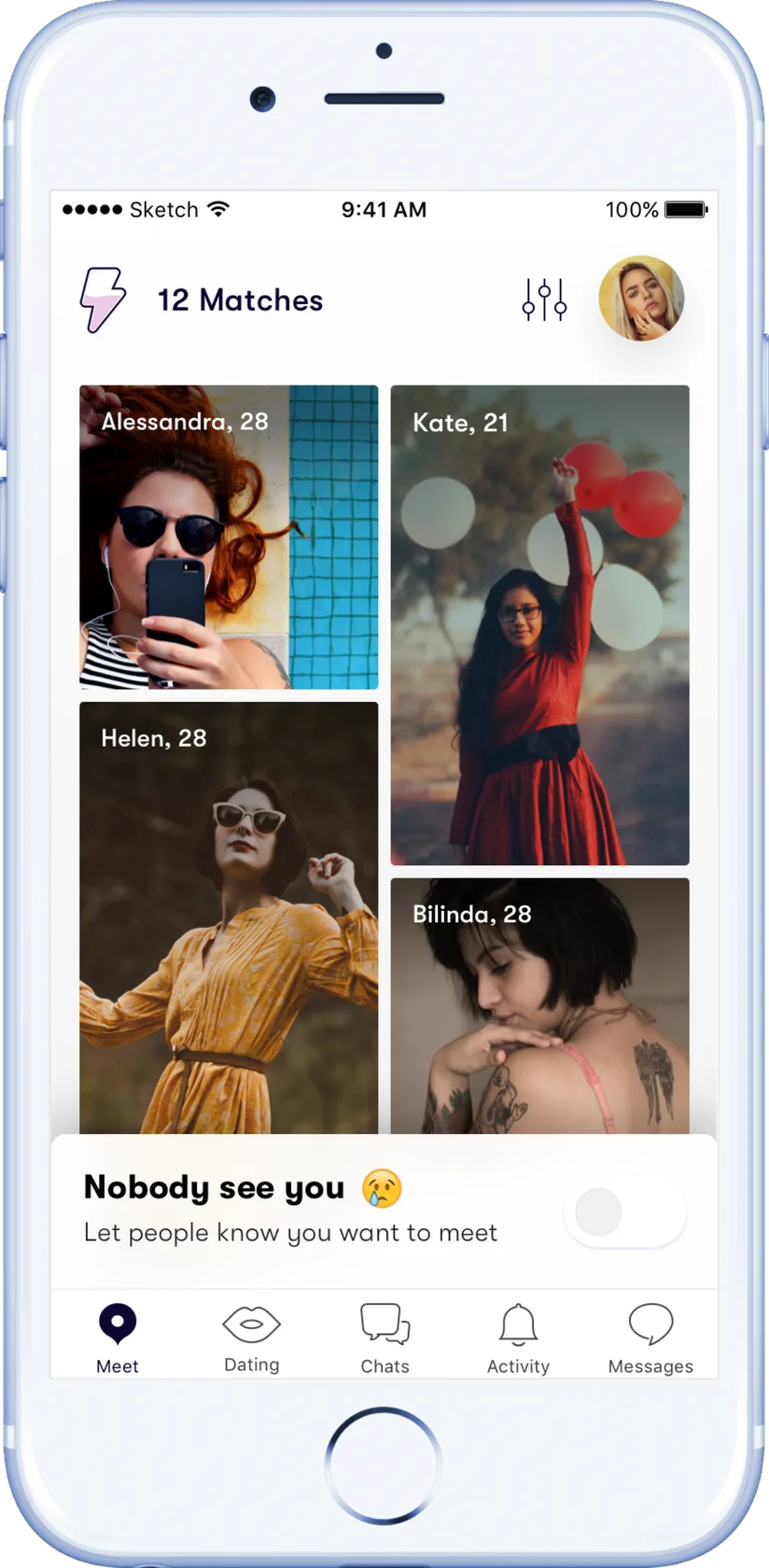 Dating app — matches feed