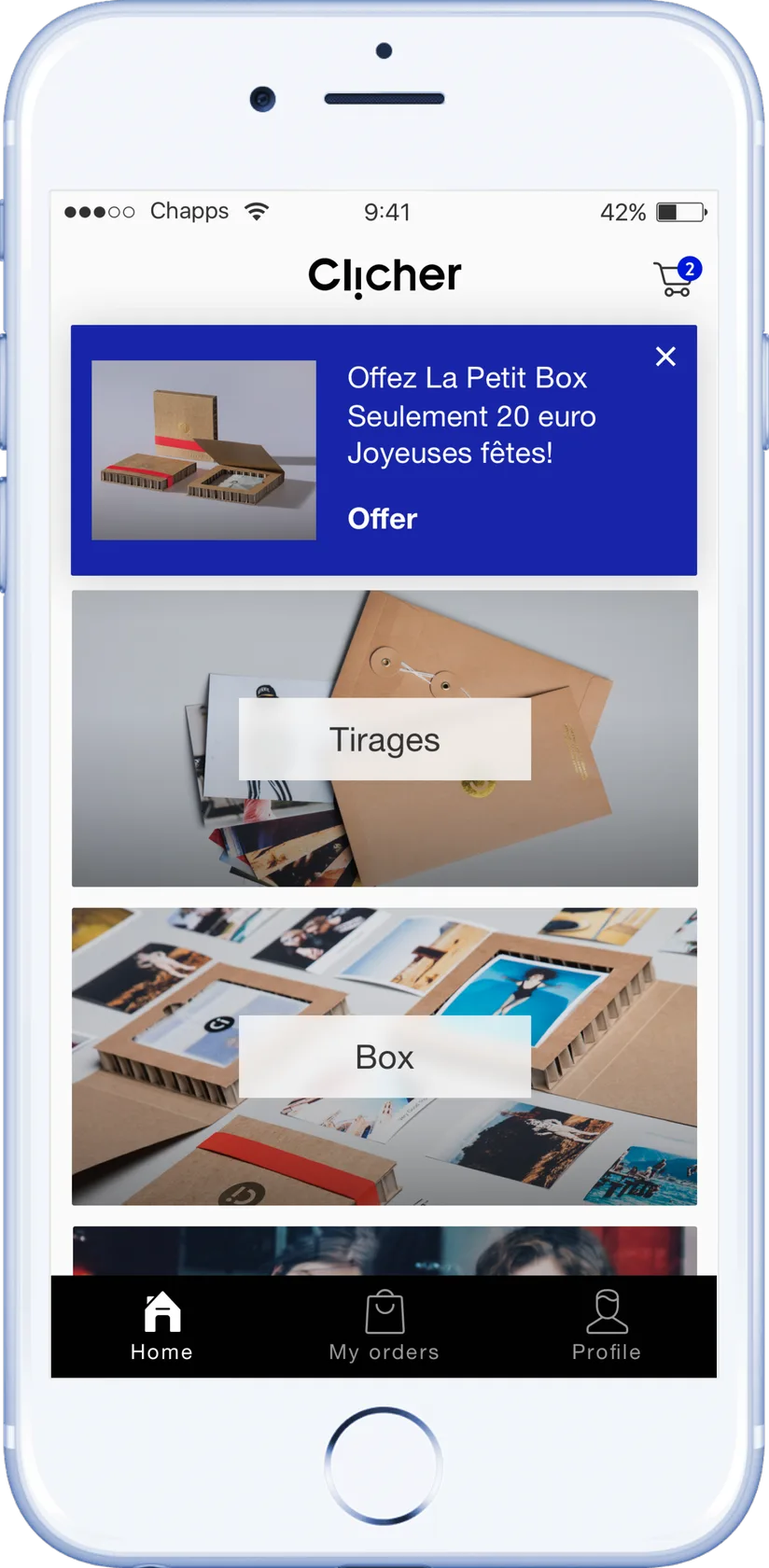 Clicher photo printing app — home with offers