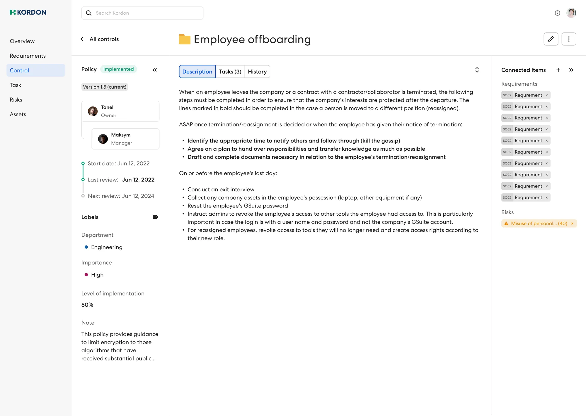 Kordon compliance app — Employee offboarding policy page