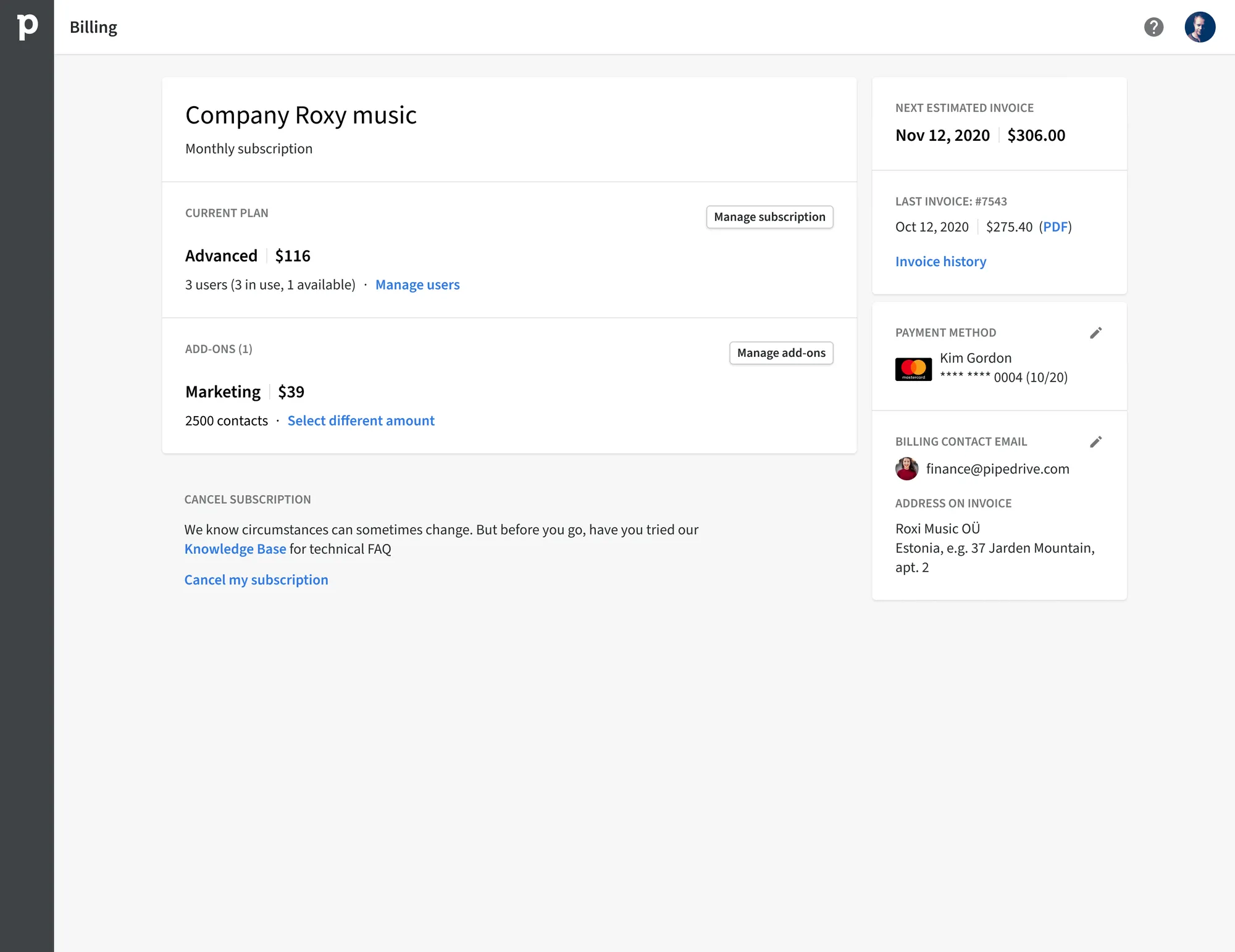 Pipedrive Billing — subscription overview with plan, add-ons and invoices